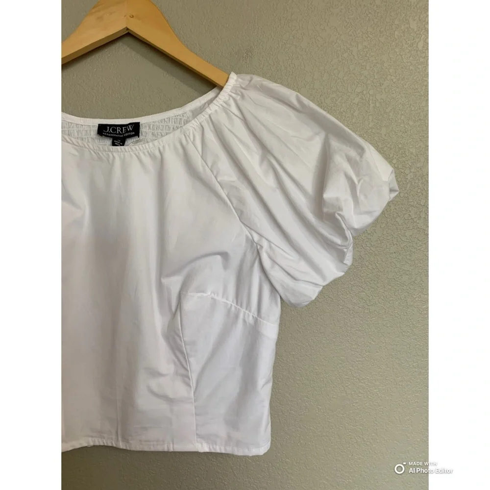 J Crew Size 10 White Cropped Fitted Puff Sleeve Blouse Top  Smocked Back NWT - Picture 4 of 17